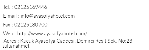 Ayasofya Hotel telefon numaralar, faks, e-mail, posta adresi ve iletiim bilgileri